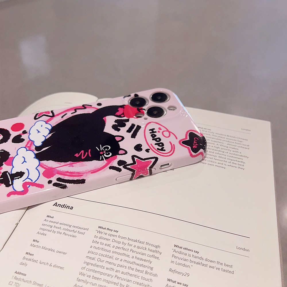 IPHONE Keren Doodle Punk Black Cat Pink Ponsel Hard Case Film Cover Pelindung Untuk Iphone7 8 PLUS X XR XS 11 12 13 14 PRO MAX SE