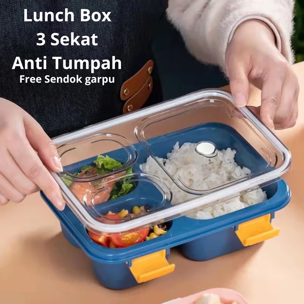 OS Lunch Box Tempat Kotak Ompreng Makan 3 Sekat BPA Free Tahan Panas Anti Tumpah Bocor Free Sendok