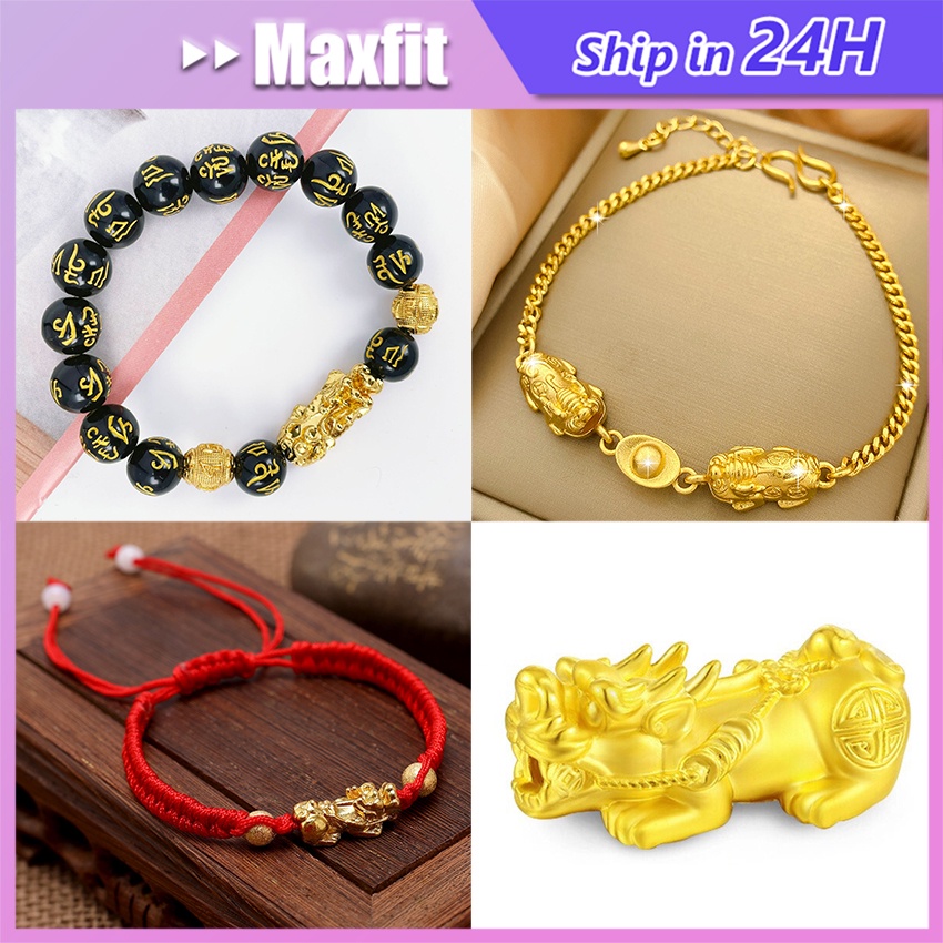 Gelang Manik-Manik Pixiu Emas Asli 24K Gelang Tangan Keberuntungan Gelang Feng Shui Pixiu Obsidian H