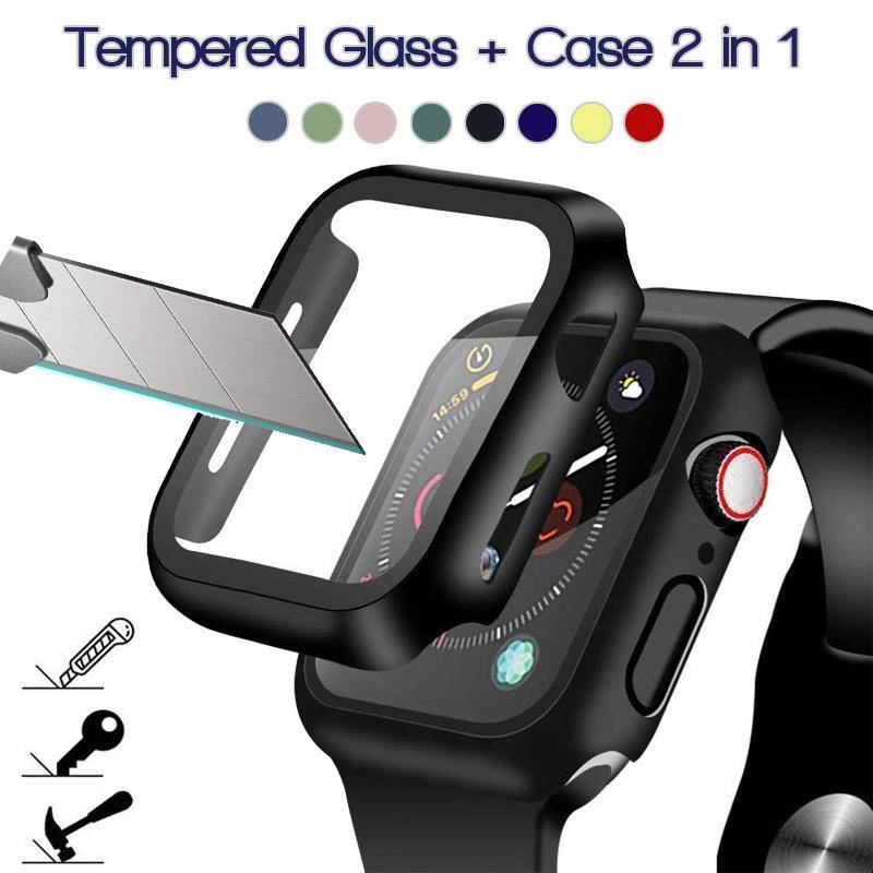 Hard Case Pelindung Layar full Untuk Apple Watch Series8 7 6 5 4 3 2 1 SE SE2 cover Tempered glass film Untuk iWatch 45mm 41mm 44mm 42mm 40mm 38mm