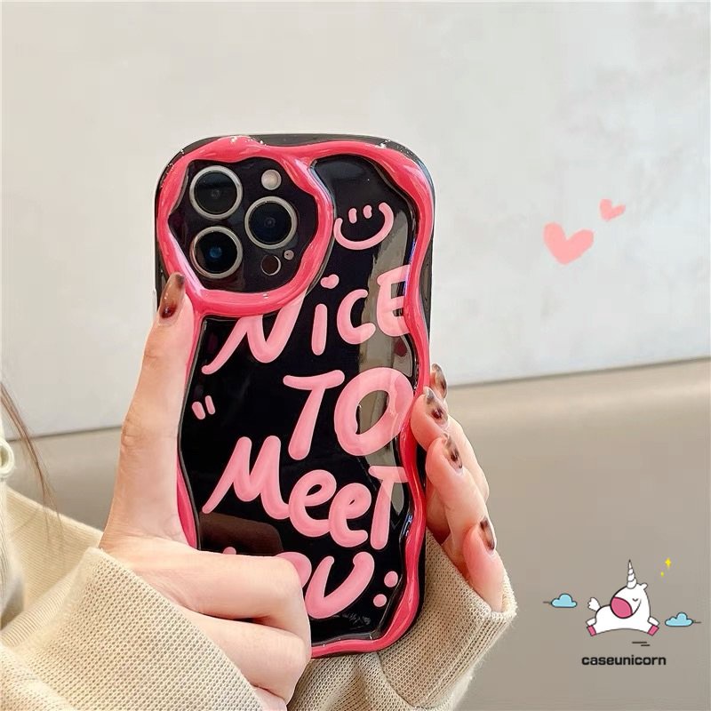 IPHONE Kompatibel Untuk Iphone11 13 12 14 Pro Max 7plus XR 6s 6 7 8 Plus X XS Max SE 2020 Ins Fashion Art Letter Smile Tpu Lembut 3D Wavy Curved Edge Shockproof Airbag Glossy Phone Case