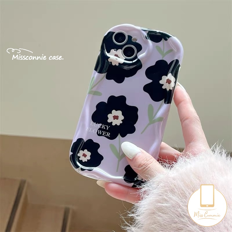 IPHONE Floral Soft Tpu Phone Case Kompatibel Untuk Iphone11 13 12 14 Pro Max7 8 6s 6 Plus XR X XS Max SE 2020 Glossy 3D Wavy Curved Edge Fresh Flower Airbag Shockproof Purple Cover