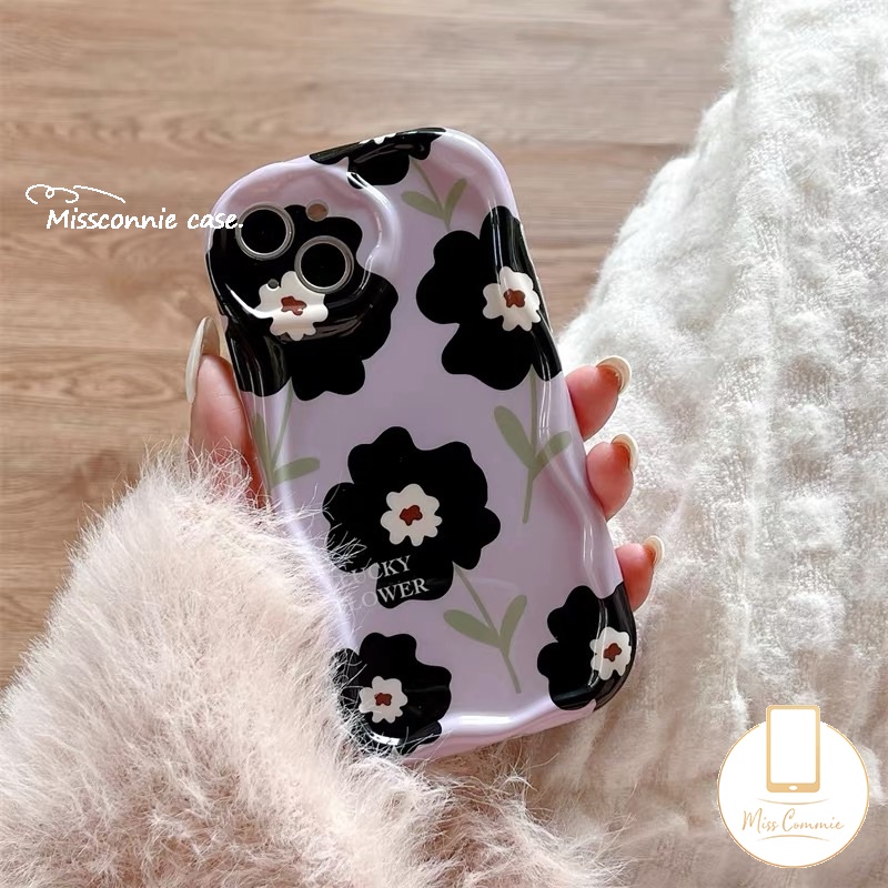 IPHONE Floral Soft Tpu Phone Case Kompatibel Untuk Iphone11 13 12 14 Pro Max7 8 6s 6 Plus XR X XS Max SE 2020 Glossy 3D Wavy Curved Edge Fresh Flower Airbag Shockproof Purple Cover