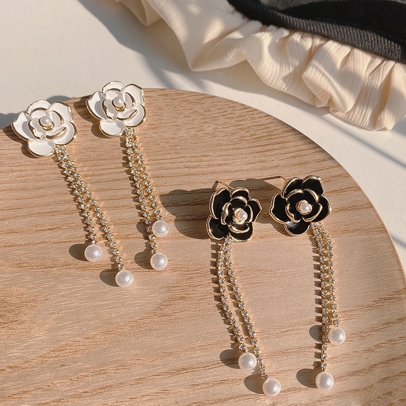 S925 Perak Jarum Camellia Bunga Rumbai Anting Korea Baru Panjang Mutiara Pendant Earrings