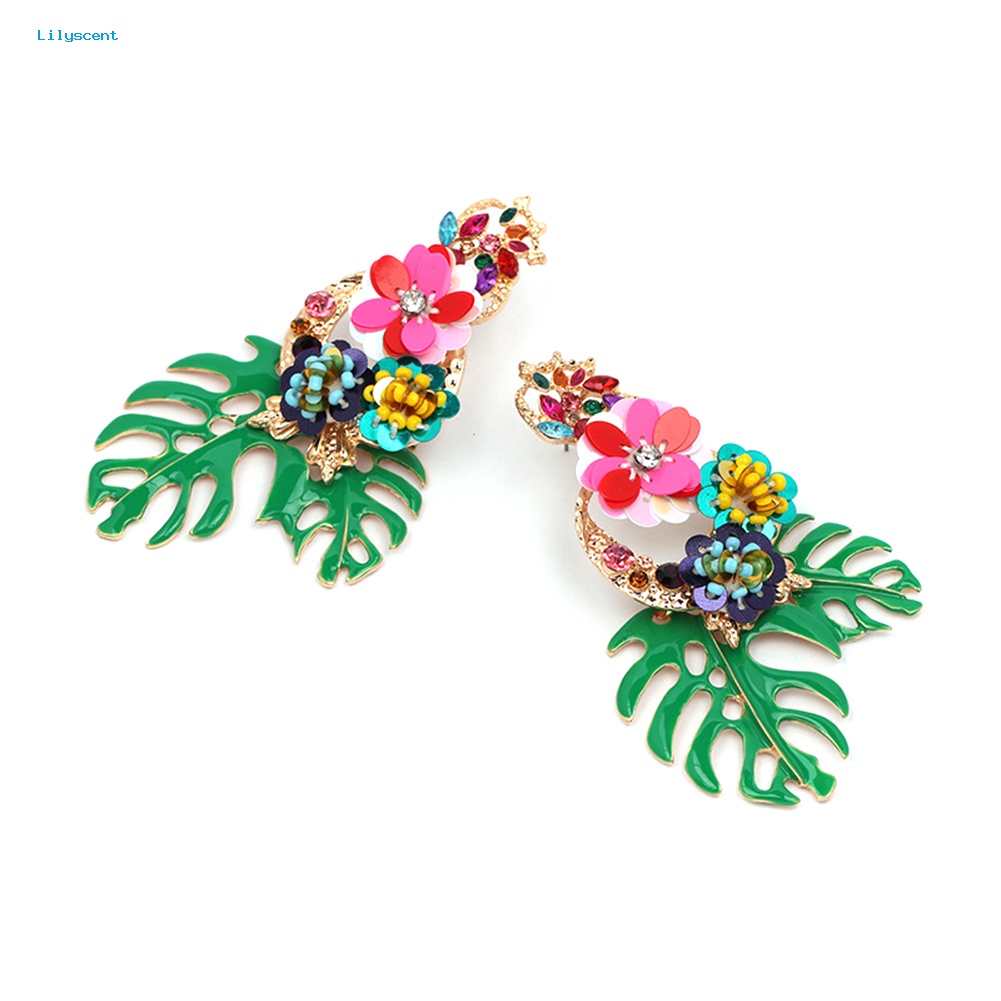 Lilyscent Vintage Wanita Daun Bunga Warna-Warni Sequin Beads Berlian Imitasi Statement Earrings