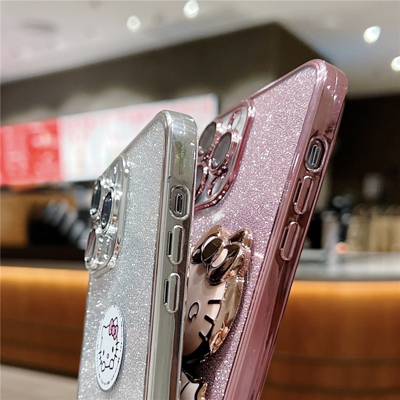 IPHONE Hello Kitty mirror bracket plating case Untuk Iphone14 13 12 11 Pro Max XR XS X8 7 Plus SE 2020 Perlindungan Lensa soft cover funda