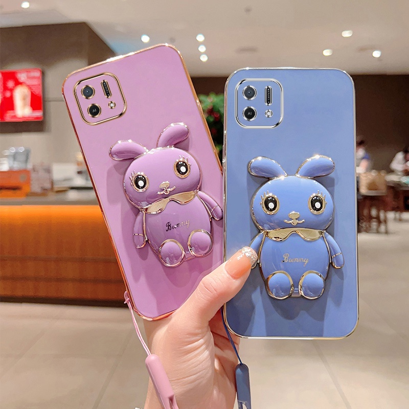 Andyh Case Handphone Untuk OPPO A16K A16E Kartun Lucu Kelinci Kecil Tepi Lurus Shell Lembut Mengirim lanyard Silikon