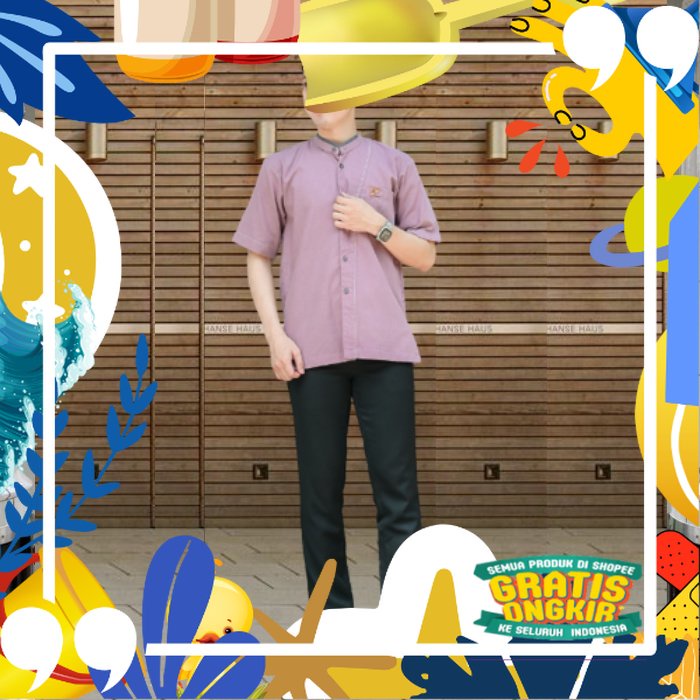 Koko Dewasa Katun Lilac Premium Baju Kurta Lengan Pendek Mulsim Pria Dewasa/ Pink Coklat Maron khaki