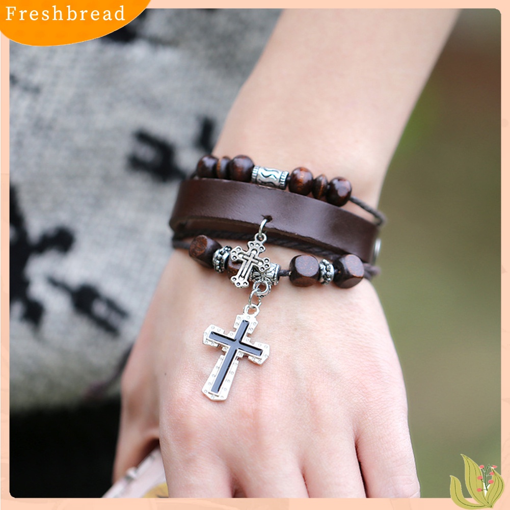 &lt; Freshbread &gt; Vintage The Cross Pendant Multilayer Beads Kulit Imitasi Kepang Gelang Bangle