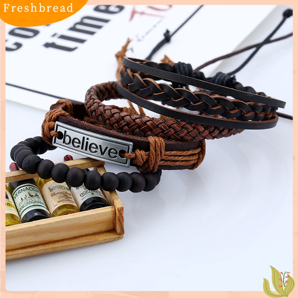 &lt; Freshbread &gt; 4Pcs/Set Pria Fashion Adjustable Kulit Imitasi Tali Dikepang Percaya Huruf Gelang Manik-Manik