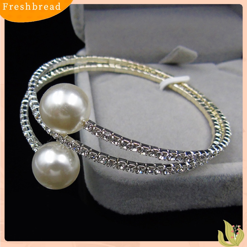 &lt; Freshbread &gt; Wanita Penuh Berlian Imitasi Multi-layer Gelang Pergelangan Tangan Mutiara Imitasi Cuff Open Bangle