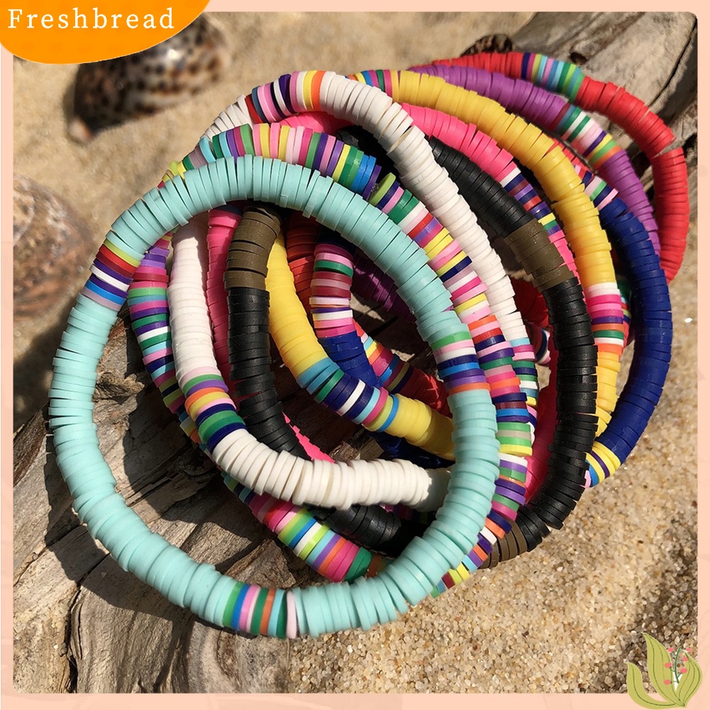 &lt; Freshbread &gt; 5/7Pcs Wanita Boho Rainbow Polymer Clay String Beads Gelang Gelang Bangle