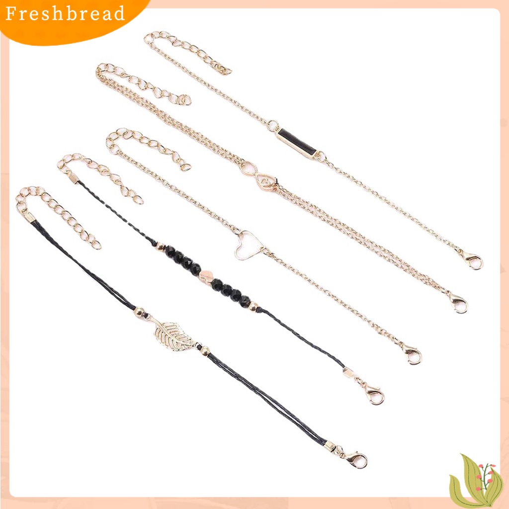 &lt; Freshbread &gt; 5Pcs/Set Gelang Rantai Beberapa Lapisan Handmade Tali Kombinasi Fashion Boho Geometris Daun Manik-Manik Berlapis Tangan Rantai Perhiasan Aksesori