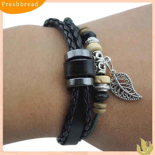 &lt; Freshbread &gt; Unisex Multi-layer Gelang Kulit Imitasi Daun Liontin Beads Adjustable Jewelry