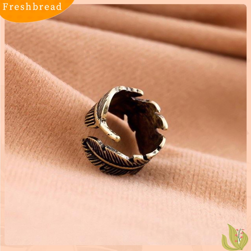 &lt; Freshbread &gt; Cincin Terbuka Motif Daun Etsa Bulu Adjustable Bronze Antik Unisex Opening Ring Jewelry Untuk Pesta