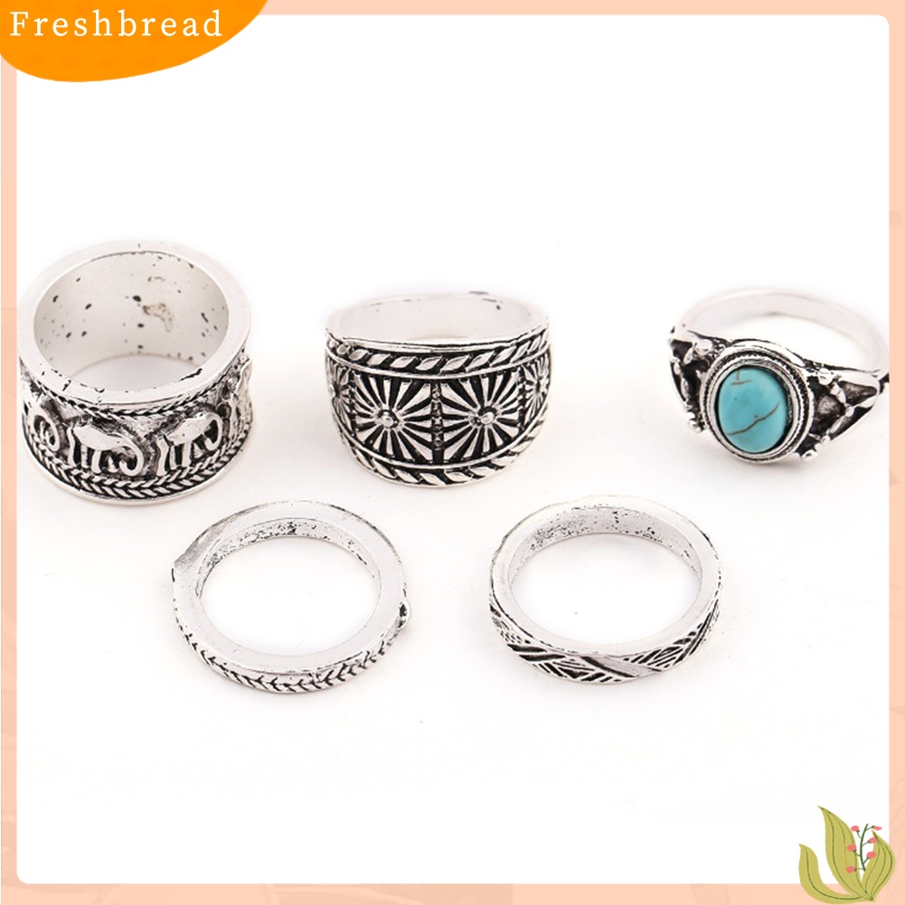 &lt; Freshbread &gt; 5Pcs/Set Wanita Gajah Turquoise Knuckle Ring Ukir Vintage Stacking Rings