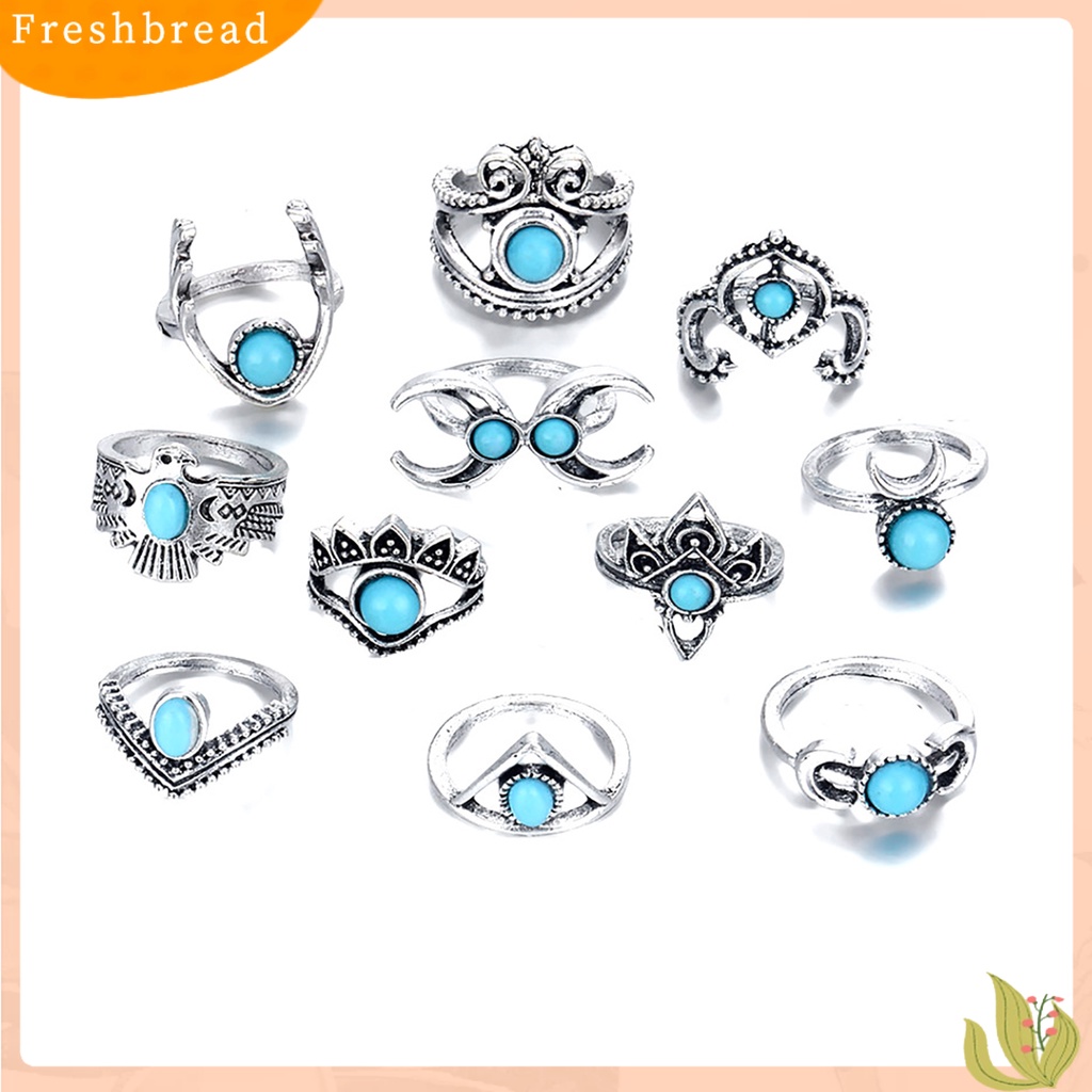 &lt; Freshbread &gt; 11 Pcs Berongga Bulu Stackable Knuckle Rings Gaya Etnik Bunga Permata Imitasi Jari Rings Perhiasan Aksesori