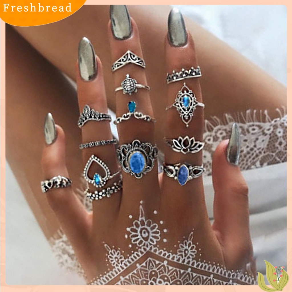 &lt; Freshbread &gt; 11 /13 /15Pcs Cincin Buku Jari Ukir Bunga Dapat Ditumpuk Alloy Bohemia Hitam Faux Permata Jari Rings Perhiasan Aksesori