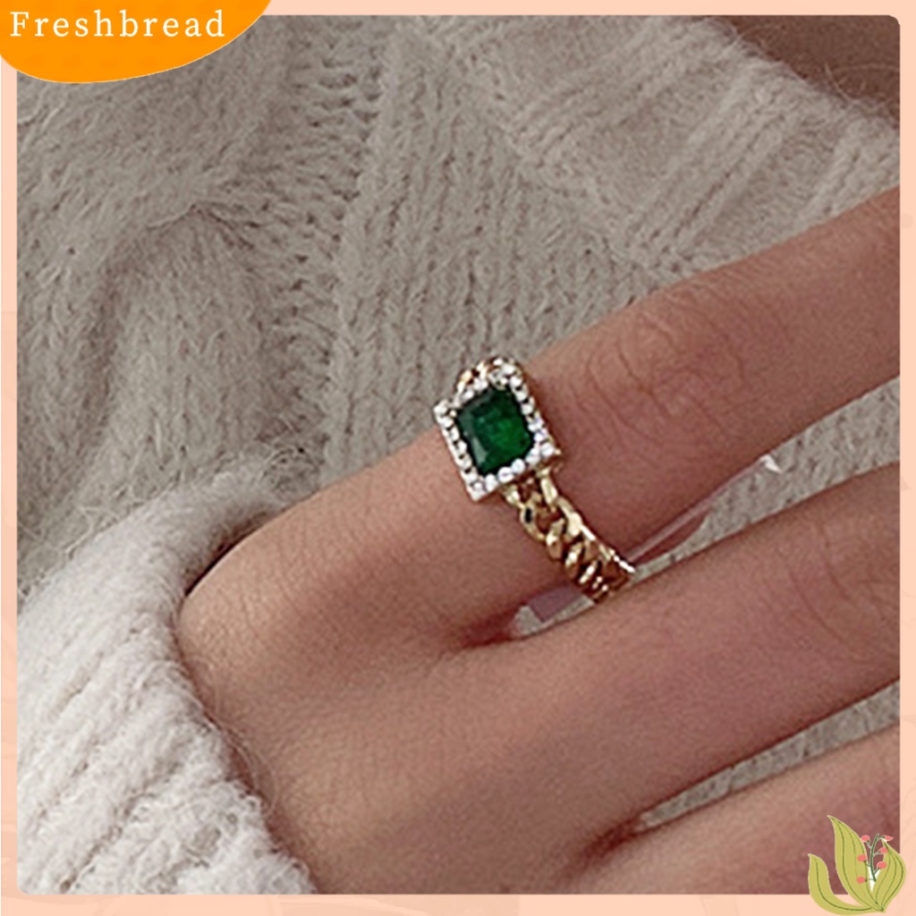 &lt; Freshbread &gt; Ring Cincin Rantai Zircon Hijau Bahan Metal Halus Gaya Perancis Untuk Club