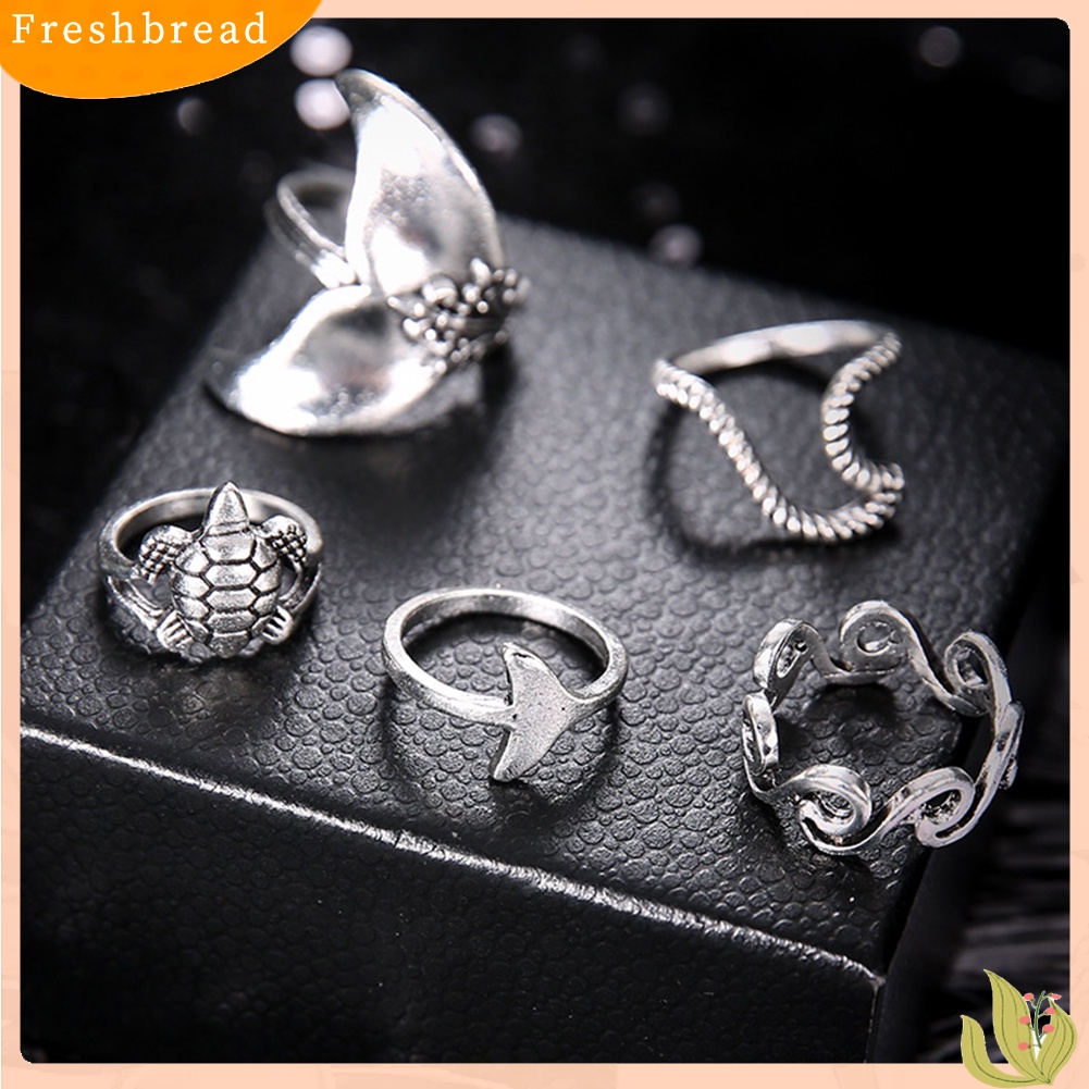 &lt; Freshbread &gt; 5Pcs/Set Boho Wanita Turtle Wave Whale Tail Knuckle Midi Jari Cincin Perhiasan