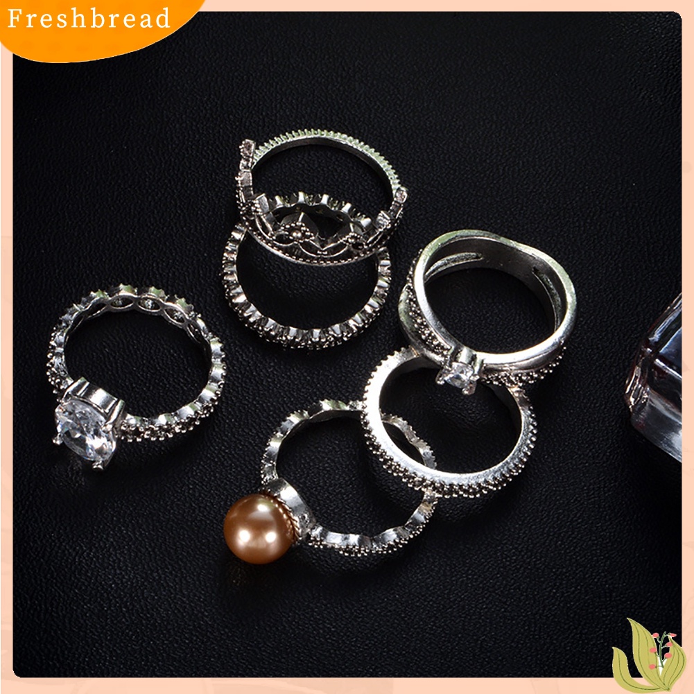 &lt; Freshbread &gt; 6 Pcs Retro Wanita Mutiara Imitasi Zirkon Mahkota Berongga Band Knuckle Midi Rings Perhiasan