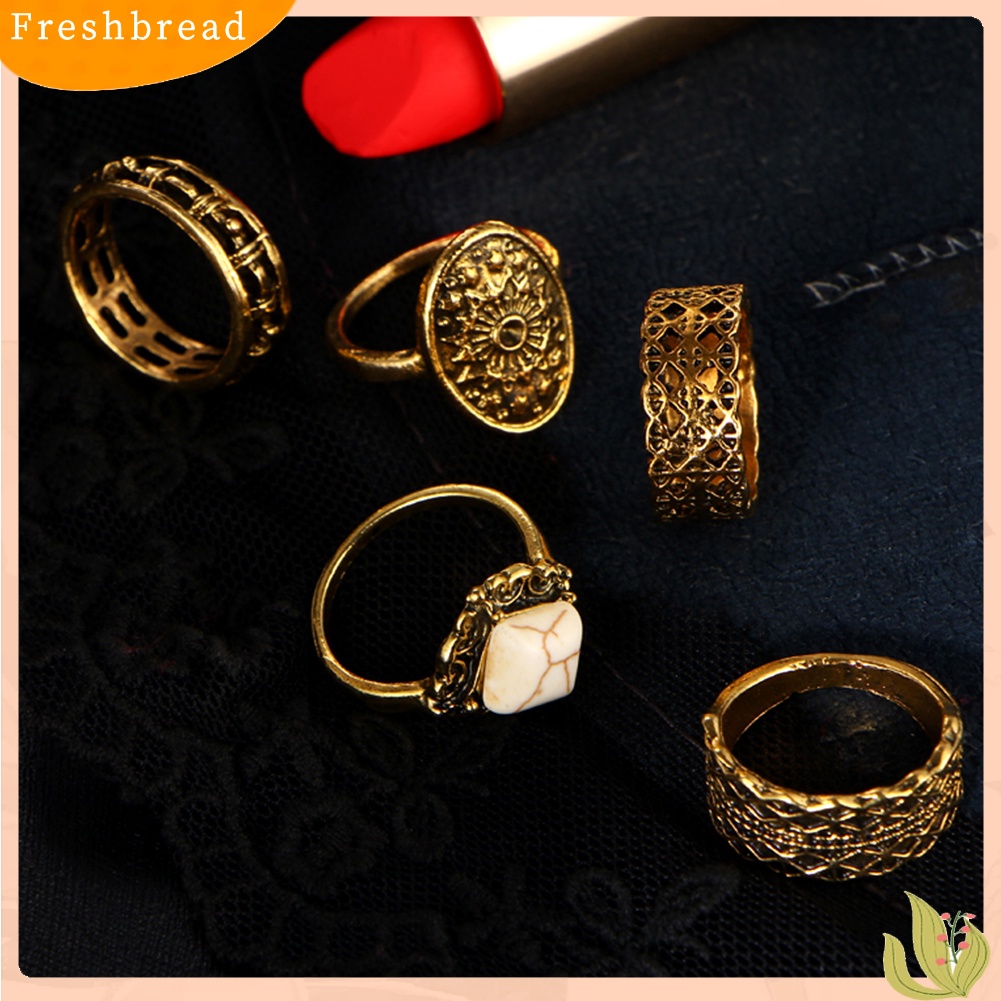 &lt; Freshbread &gt; 5Pcs/Set Vintage Wanita Buku Jari Midi Ujung Tumpuk Cincin Perhiasan Hadiah Golden