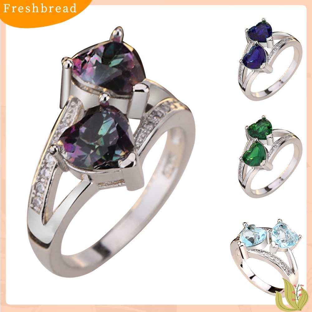 &lt; Freshbread &gt; Wanita Fashion Ganda Bentuk Hati Cubic Zirconia Hias Jari Cincin Perhiasan Hadiah