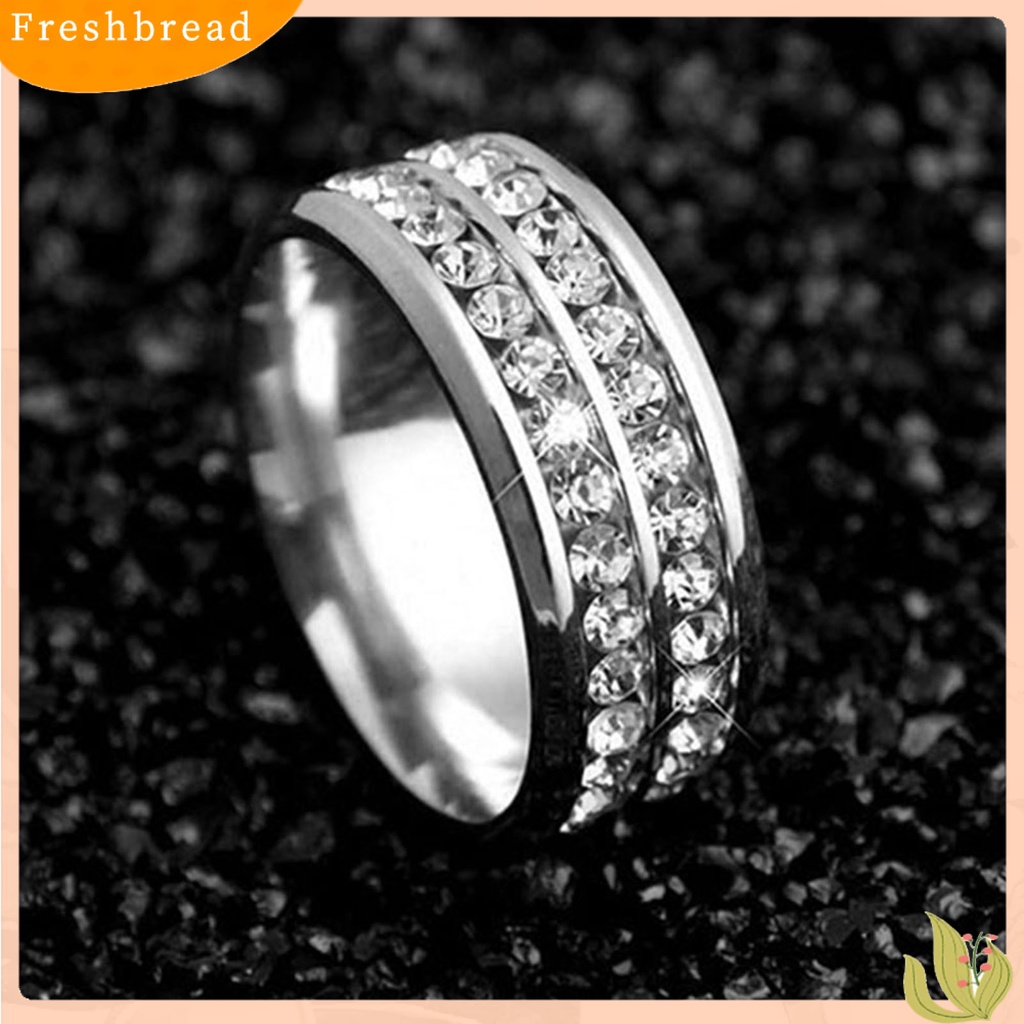 &lt; Freshbread &gt; Cincin Lebar-Lebar Fadeless Titanium Steel Baris Ganda Berlian Imitasi Perhiasan Unisex Untuk Pesta Pernikahan