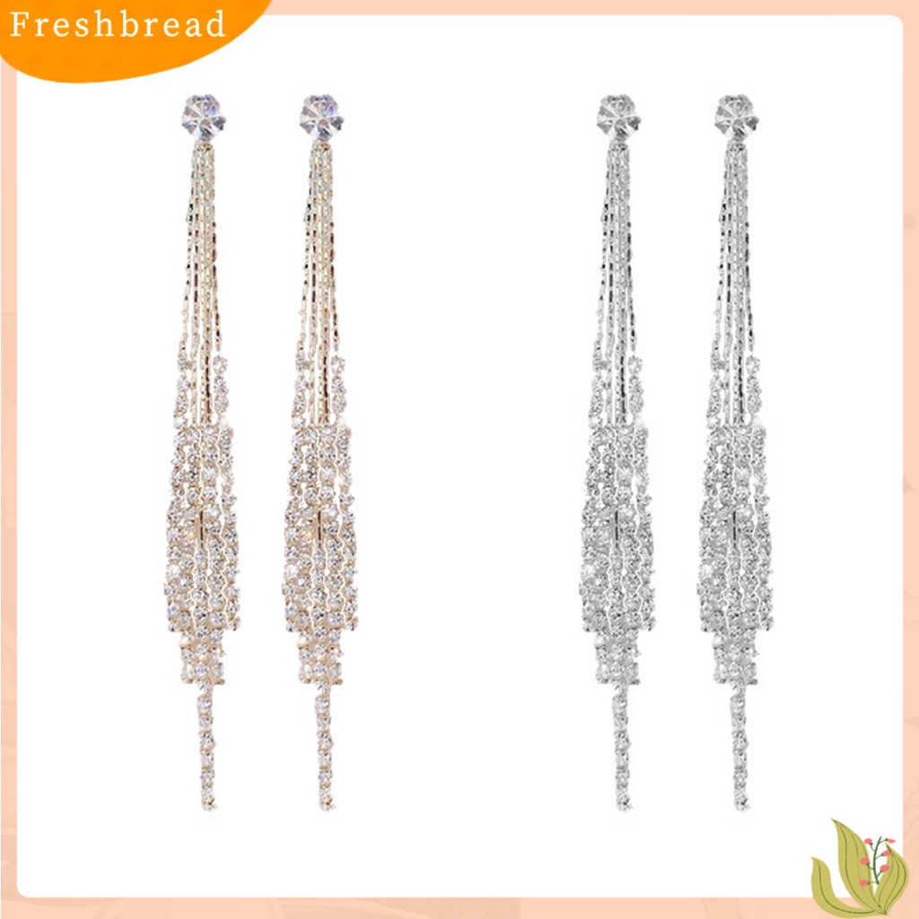 &lt; Freshbread &gt; 1pasang Anting Stud Dainty Elegan Temperamen Mewah Berlian Imitasi Bertatahkan Jumbai Linear Earrings Perhiasan Fashion