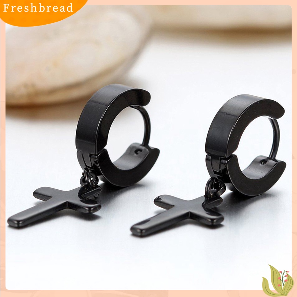 &lt; Freshbread &gt; 1pasang Ear Dangle Cross Pendant Anting Hoop Berengsel Huggie Stainless Steel Ramah Lingkungan Untuk Pria