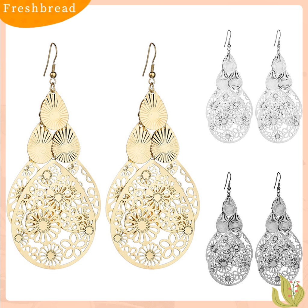 &lt; Freshbread &gt; 1pasang Anting Kait Berlebihan Retro Geometris Elegan Berongga Bunga Tetesan Air Liontin Wanita Menjuntai Anting Perhiasan Fashion