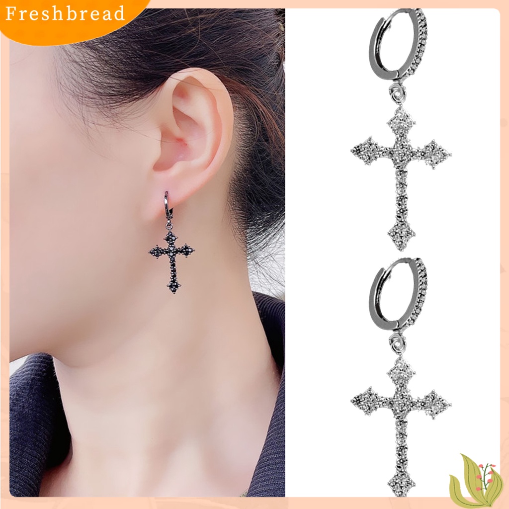 &lt; Freshbread &gt; 1pasang Wanita Menjuntai Anting Besar Lengket Berkilau Cubic Zirconia Bentuk Salib Drop Earrings Hadiah Ulang Tahun