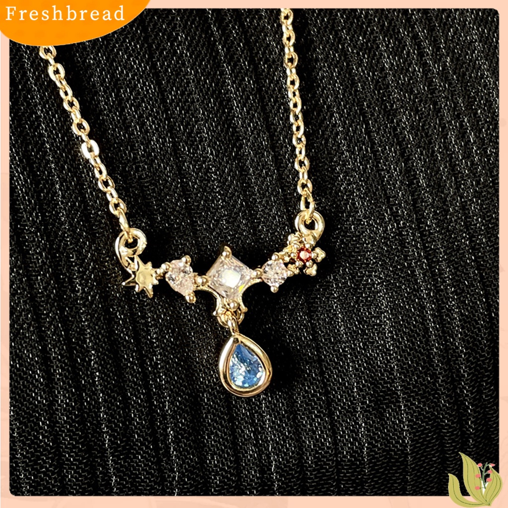 &lt; Freshbread &gt; Kalung Wanita Vintage Tahan Aus Anting Copper Silver Post Blue Water Drop Zircon Untuk Musim Panas