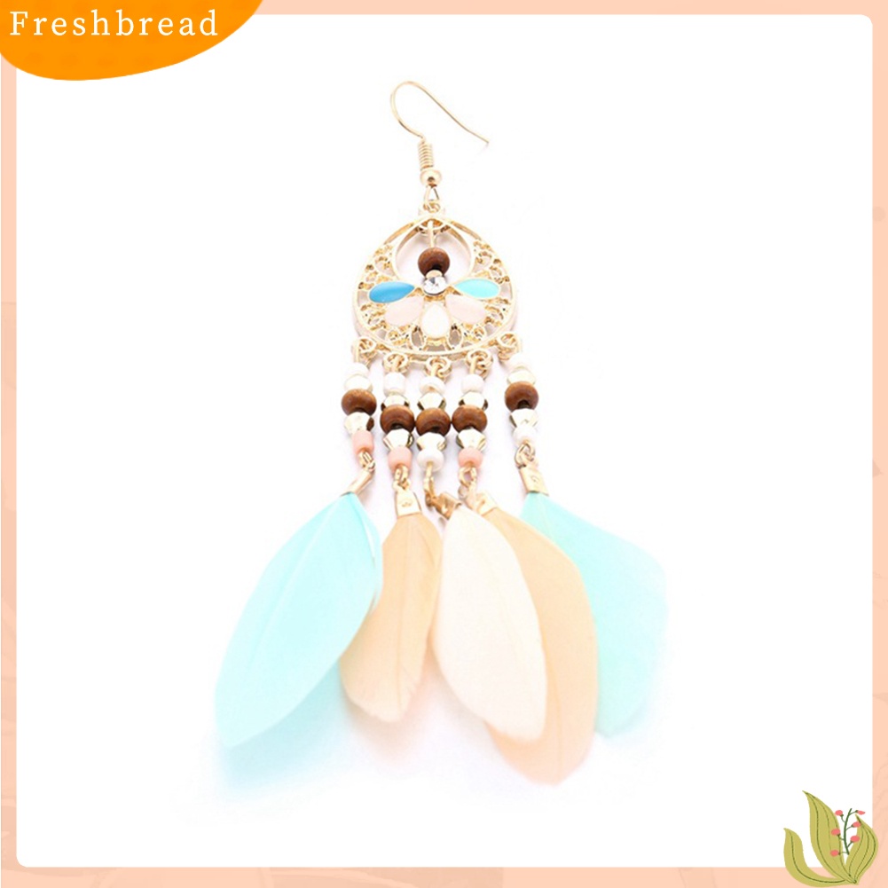 &lt; Freshbread &gt; Boho Wanita Berongga Manik-Manik Oval Warna-Warni Bulu Rumbai Drop Statement Earrings