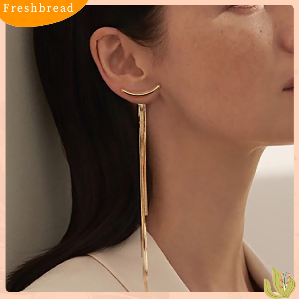 < Freshbread > 1pasang Benang Panjang Rumbai Menjuntai Anting Logam Glossy Arc Bar Stud Earrings Perhiasan Aksesoris