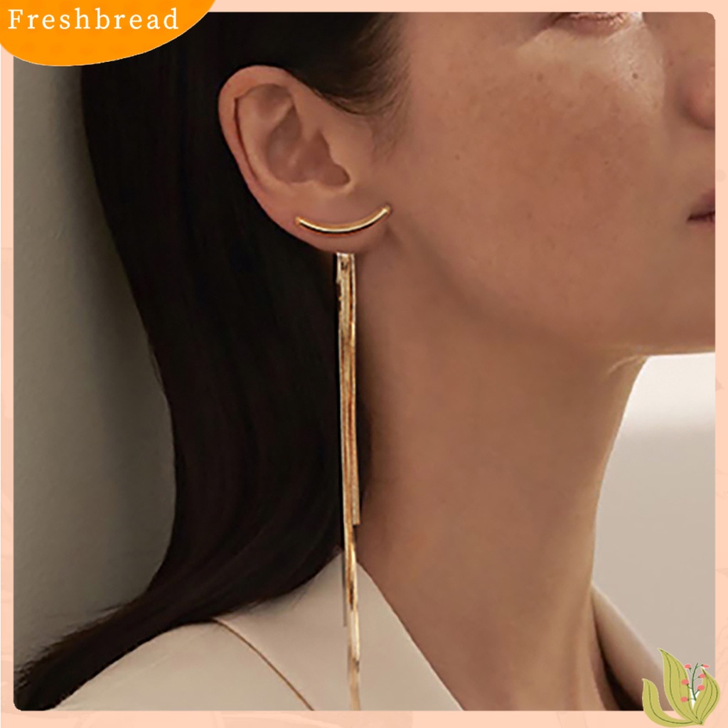 &lt; Freshbread &gt; 1pasang Benang Panjang Rumbai Menjuntai Anting Logam Glossy Arc Bar Stud Earrings Perhiasan Aksesoris