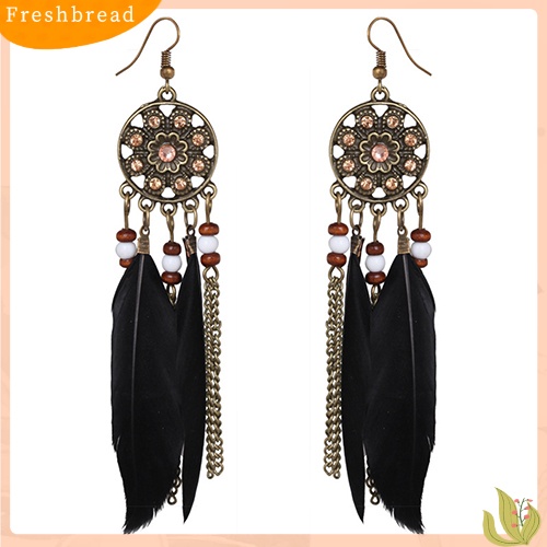 &lt; Freshbread &gt; Wanita Vintage Bohemia Etnik Dream Catcher Bulu Jumbai Anting Kait Panjang