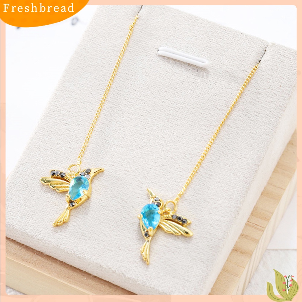 &lt; Freshbread &gt; Wanita Desain Hummingbird Berlian Imitasi Dekorasi Ear Stud Panjang Rumbai Menjuntai Anting