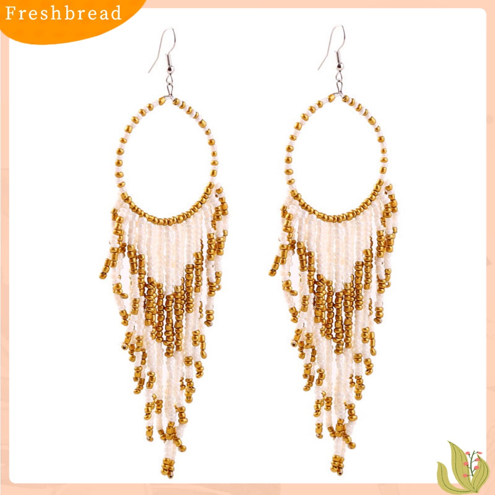 &lt; Freshbread &gt; Bohemian Wanita Manik-Manik Rumbai Bulat Menjuntai Kait Panjang Anting Pernyataan Perhiasan