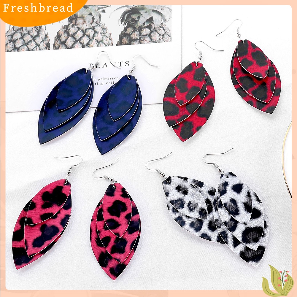 &lt; Freshbread &gt; Wanita Leopard Triple Layer Bentuk Daun Kulit Imitasi Anting Kait Menjuntai Panjang