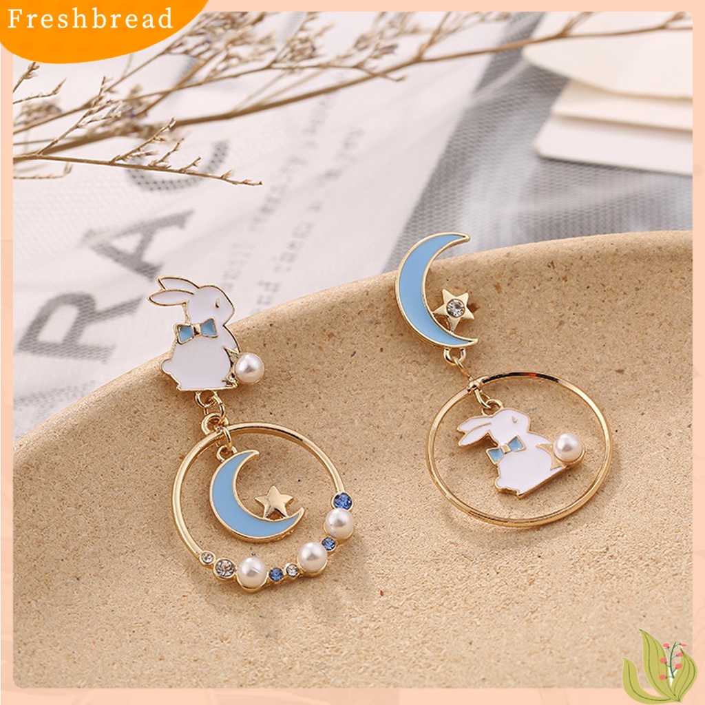 &lt; Freshbread &gt; 1pasang Stud Earrings Dissymmetry Cincin Berongga Berlian Imitasi Mutiara Imitasi Hadiah Kartun Kelinci Bulan Bintang Gadis Drop Earrings Fashion Perhiasan