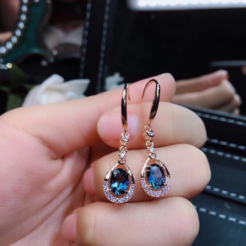 Goldkingdom Aksesoris Perhiasan Fashion Ready Stock Mewah Swiss Blue Topaz Batu Anting Giwang Earstuds Api Warna Meledak Kedip Perak Berlapis Emas Berlapis Presisi Bertatahkan