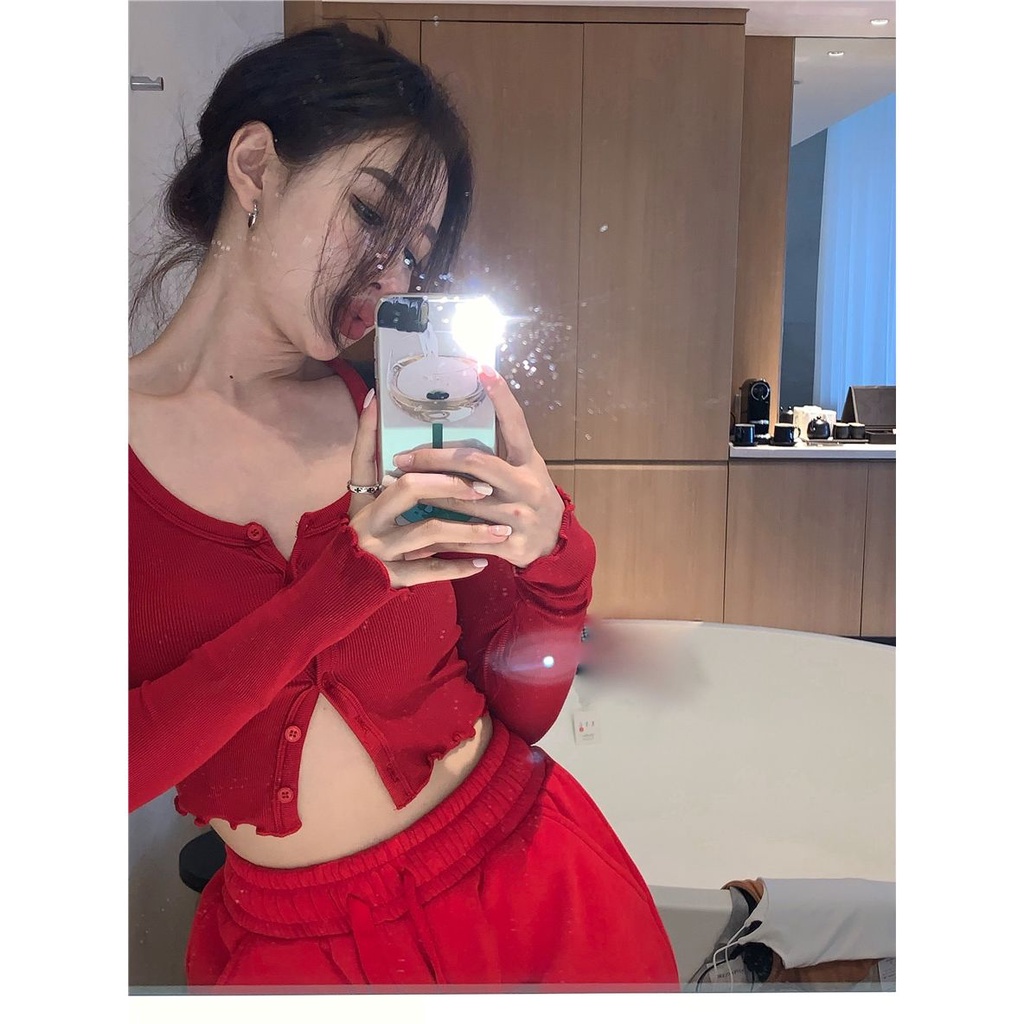 Red Manis dan pedas slim merah super hot top rasa desain ceruk gadis panas kardigan ketat dan tipis seksi dengan pusar