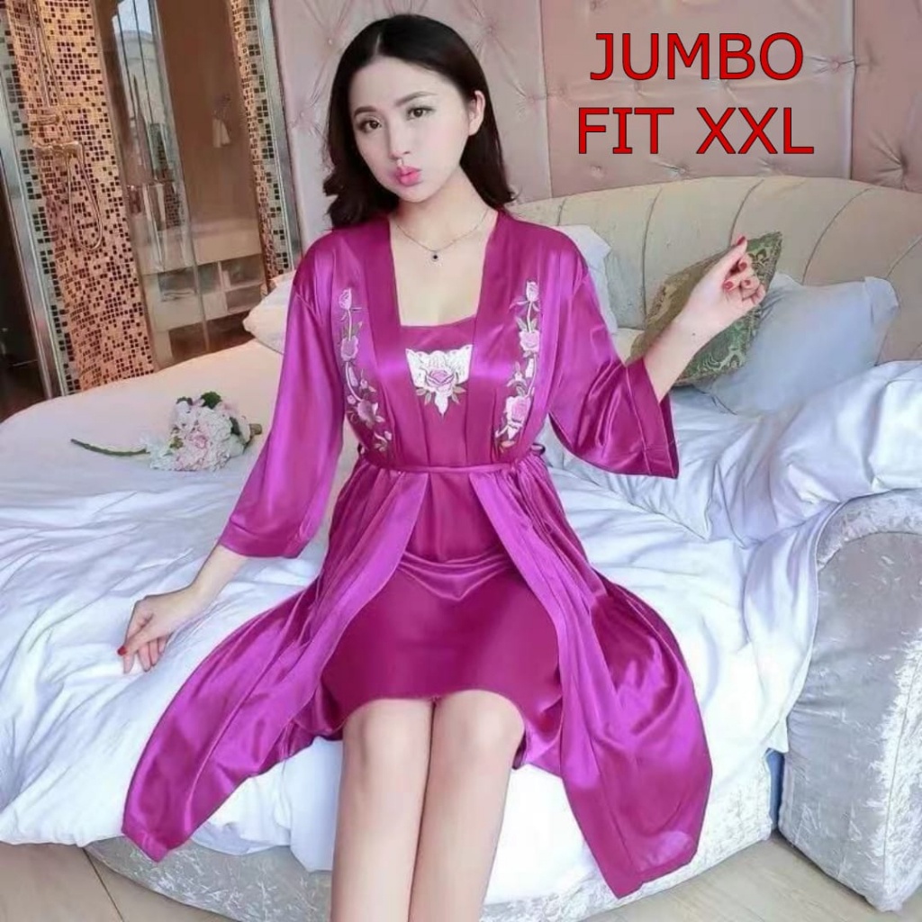 Dtree . Set Kimono 2in1 Jumbo motif bunga satin import fit xxl