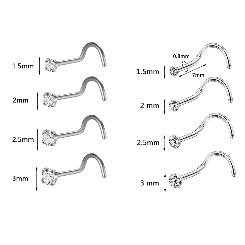 10pcs/lot 1.5/2.5/3mm Kristal Hidung Studs Stainless Steel Cubic Zirconia Tindik Hidung Bentuk S Nostril Piercing 20G