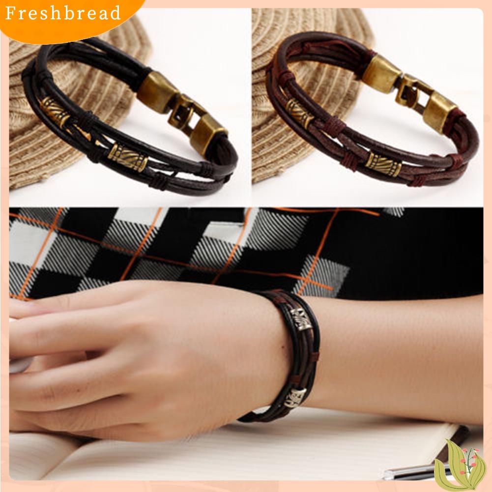 {In Stock} Pria Vintage Dikepang Kulit Imitasi Stainless Steel Cuff Bangle Bracelet Gelang