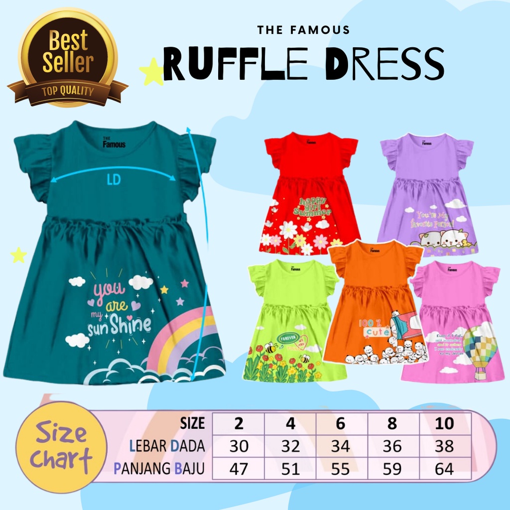Baju Ruffle Dress Tunik Terusan Daster Anak Perempuan Usia 2-7 Tahunan