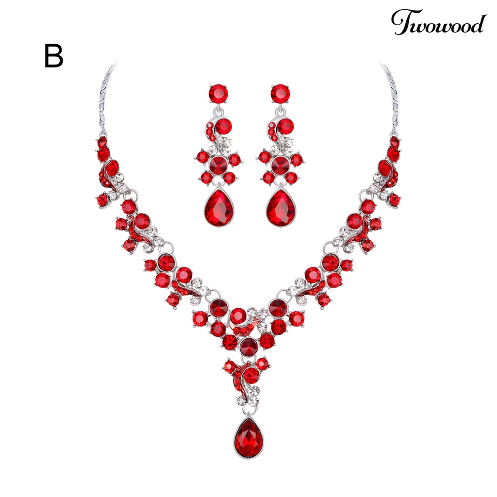 Twowood Wanita Prom Pernikahan Bridal Faux Kristal Berlian Imitasi Kalung Anting Set Perhiasan