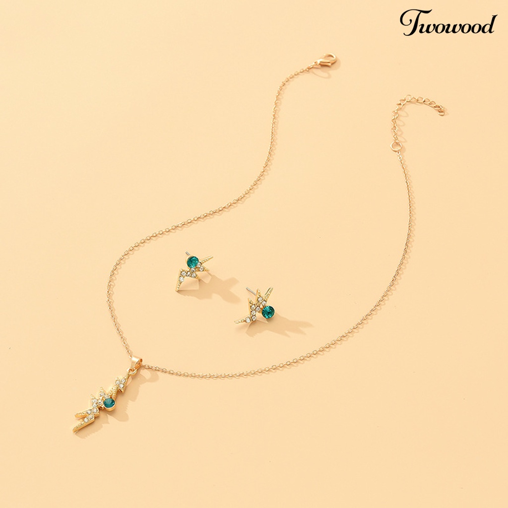 Twowood 1set Wanita Kalung Anting Geometris Elegan Hias Sparkling Adjustable Perhiasan Hadiah Faux Gem Lady Fashion Berlian Imitasi Mengkilap Liontin Kalung Anting Untuk Pesta