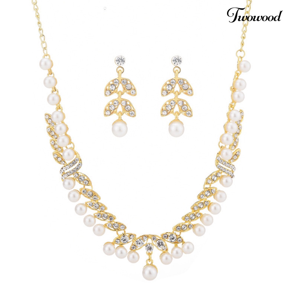 Twowood Faux Pearl Rhinestone Leaf Menjuntai Anting Kalung Bridal Set Perhiasan Pernikahan